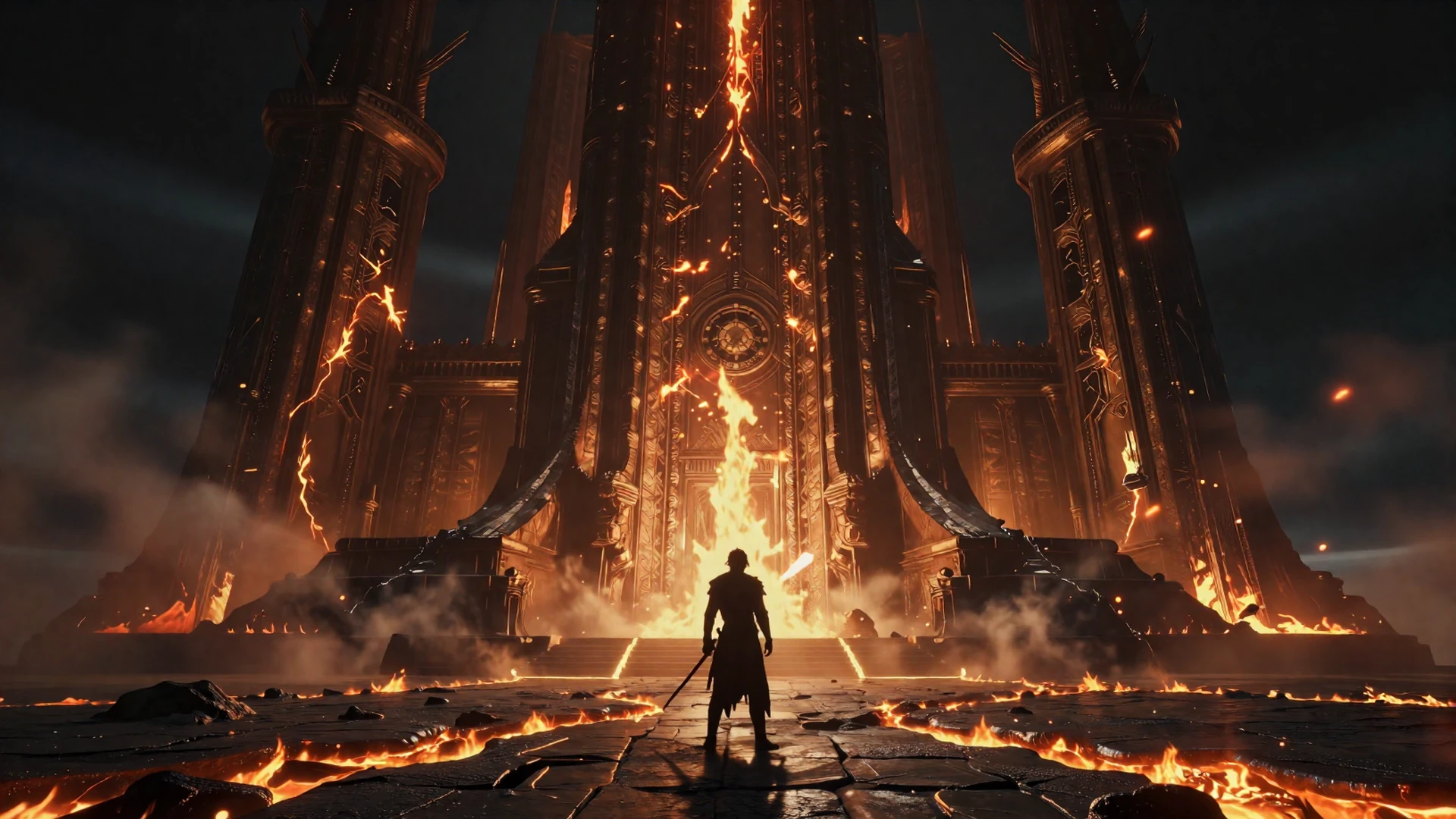 Futuristic game world with neon-lit ruins